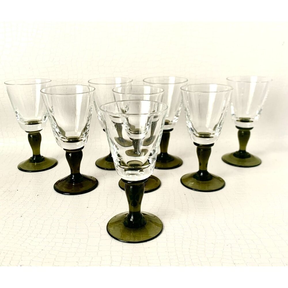 8 MCM Shot Glasses Smoke Green Stems Cordials Liqueur Glass Vintage Barware
